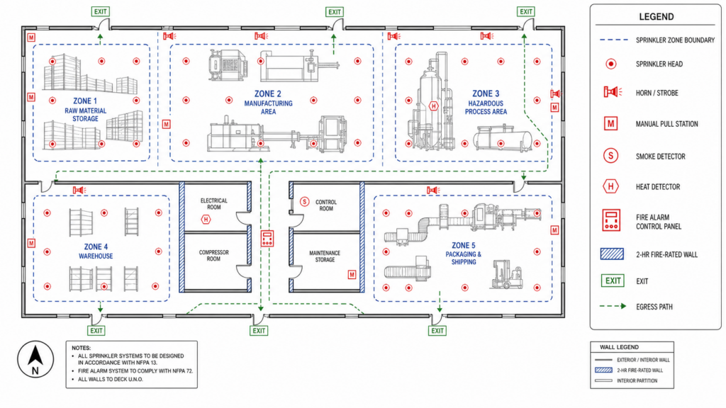 Fire protection engineering diagram showing sprinkler zones, fire alarm devices, fire-rated walls, and egress paths in an industrial facility.
