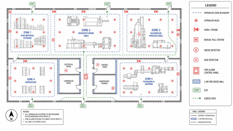 Fire protection engineering diagram showing sprinkler zones, fire alarm devices, fire-rated walls, and egress paths in an industrial facility.