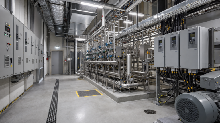 MEP engineering equipment room with ventilation, piping, and electrical controls designed for hazardous-location manufacturing