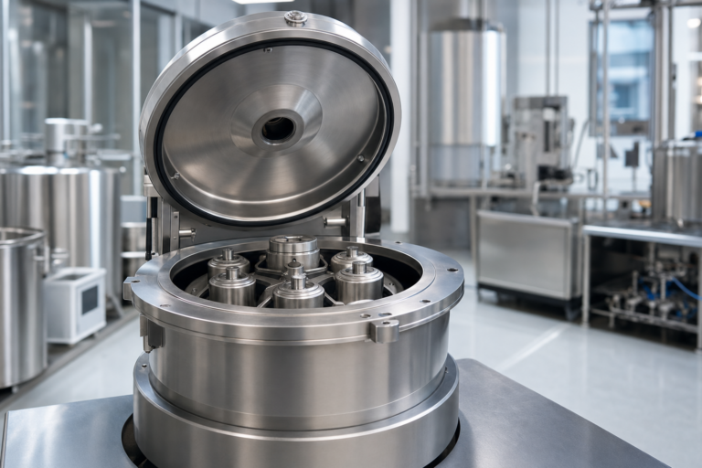 Industrial planetary centrifuge machine in a stainless-steel processing laboratory used for infusing, purging, separating, and homogenizing materials