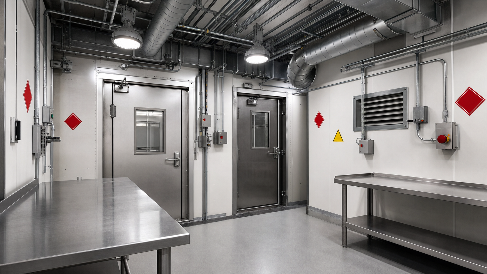 Class 1 Division 1 processing room interior with explosion-proof lighting, sealed conduit, and stainless workstations