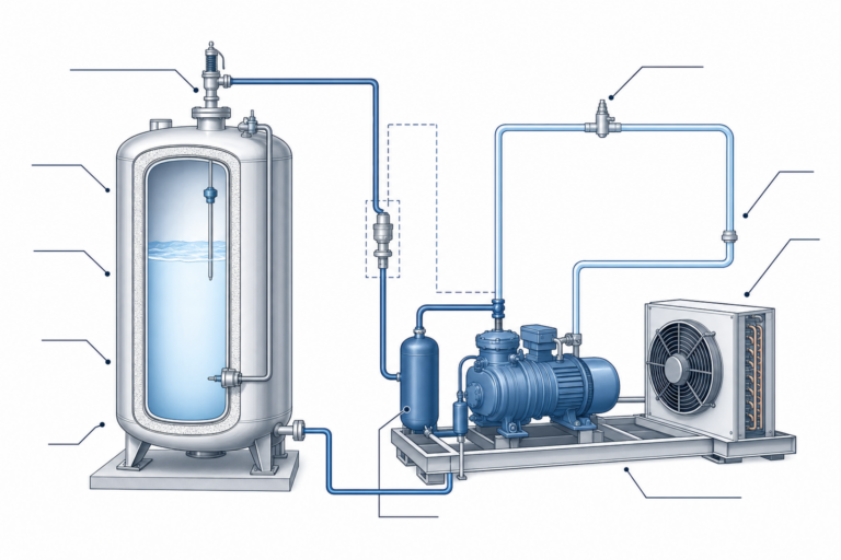 cryogenic chiller system diagram showing insulated vessel, compressor skid, and safety components for industrial cooling