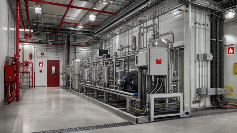 fire protection engineering overview of sprinkler piping and industrial equipment in a manufacturing bay
