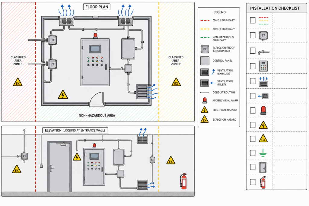 hazardous facility codes diagram showing classified-area boundaries, ventilation, and electrical equipment requirements