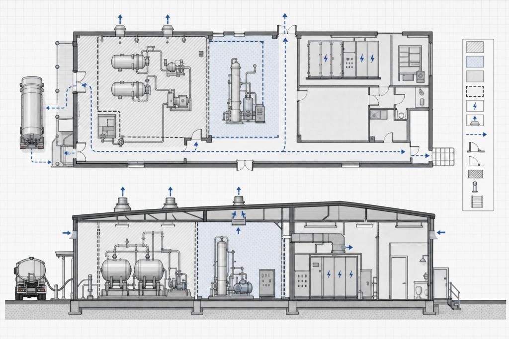 Hazardous facility codes checklist diagram for industrial building layout and safety zoning