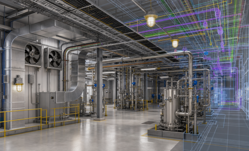 MEP engineering coordination inside a hazardous-location manufacturing facility using BIM-ready ductwork, piping, and electrical routing.