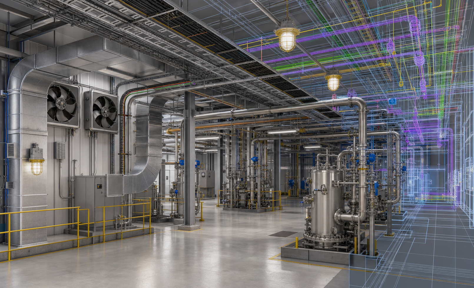 MEP engineering coordination inside a hazardous-location manufacturing facility using BIM-ready ductwork, piping, and electrical routing.