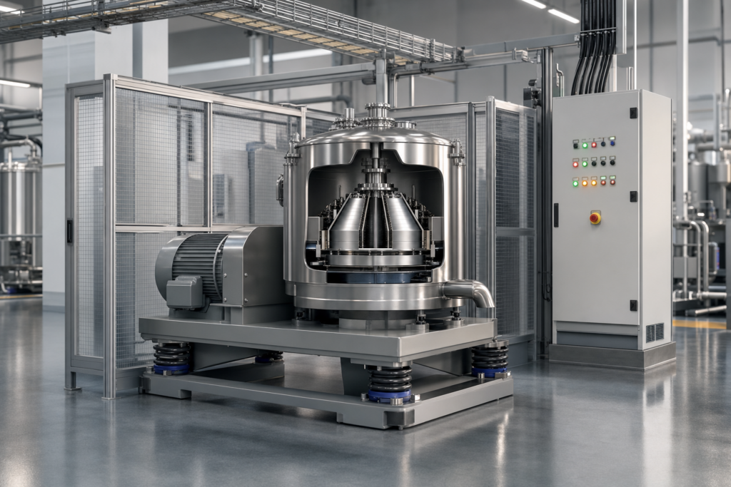 Planetary centrifuge inside a clean industrial manufacturing facility with safety guarding