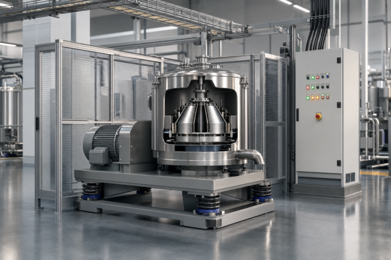 Planetary centrifuge inside a clean industrial manufacturing facility with safety guarding