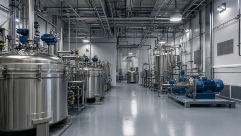 Class 1 Division 1 processing room with stainless steel vessels, explosion-protected lighting, and coordinated ventilation in an industrial manufacturing facility.