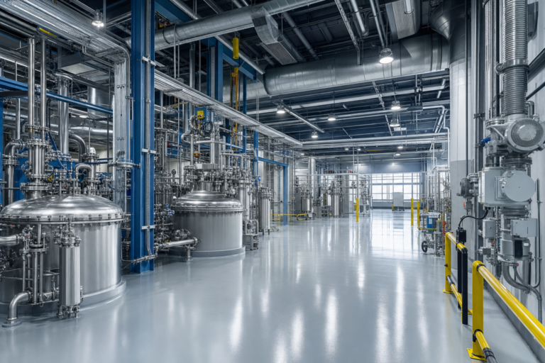 Class 1 Division 1 processing room with stainless steel vessels, explosion-resistant electrical fixtures, ventilation ductwork, and safety barriers.