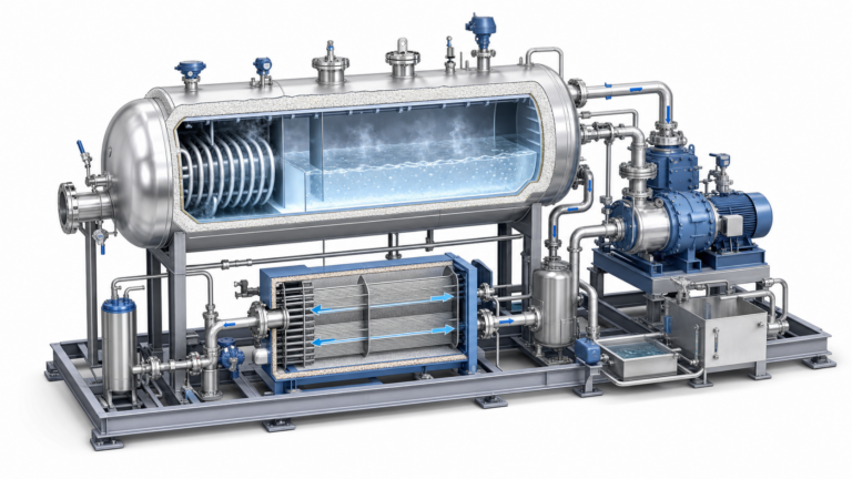 Cryogenic chiller technical diagram showing an insulated vessel, heat exchanger, compressor, sensors, and coordinated process piping.