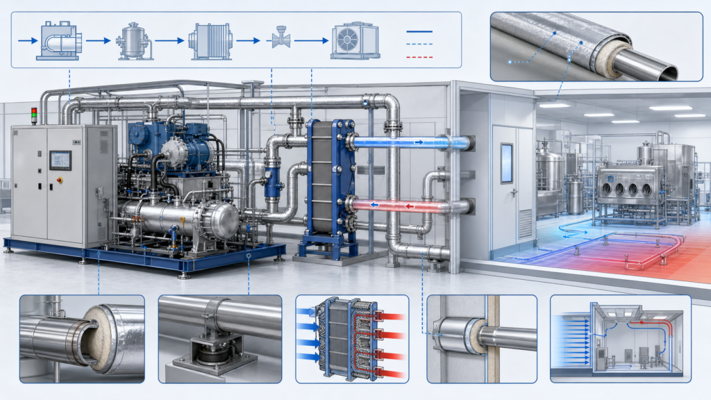 Cryogenic chiller diagram showing insulated piping, heat exchange, and controlled cooling for an industrial processing facility.