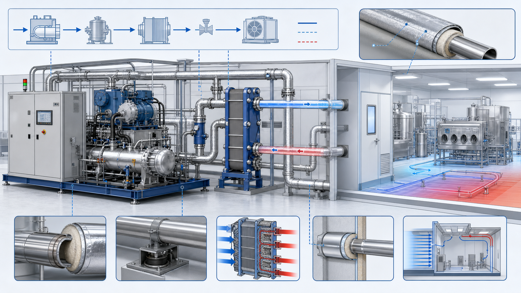 Cryogenic chiller diagram showing insulated piping, heat exchange, and controlled cooling for an industrial processing facility.