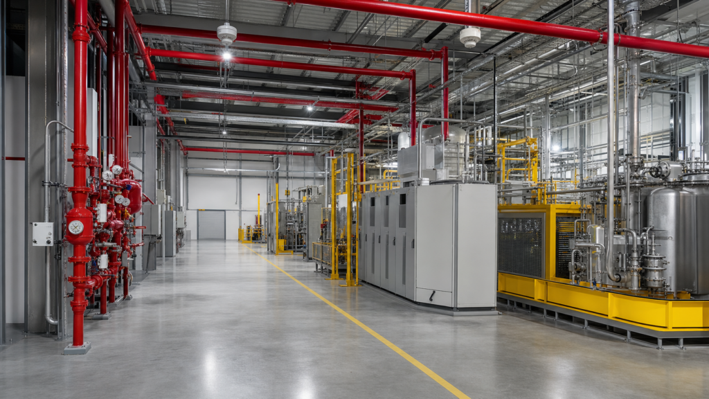 Fire protection engineering in an industrial processing facility with overhead sprinklers, fire-water mains, detectors, protected equipment, and a clear egress aisle.