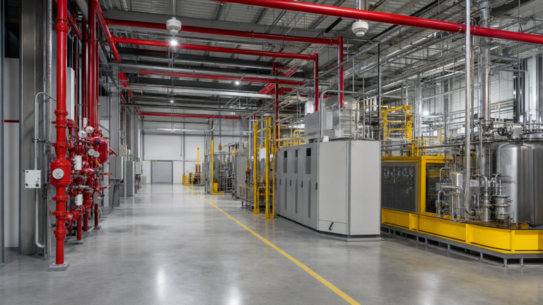 Fire protection engineering in an industrial processing facility with overhead sprinklers, fire-water mains, detectors, protected equipment, and a clear egress aisle.