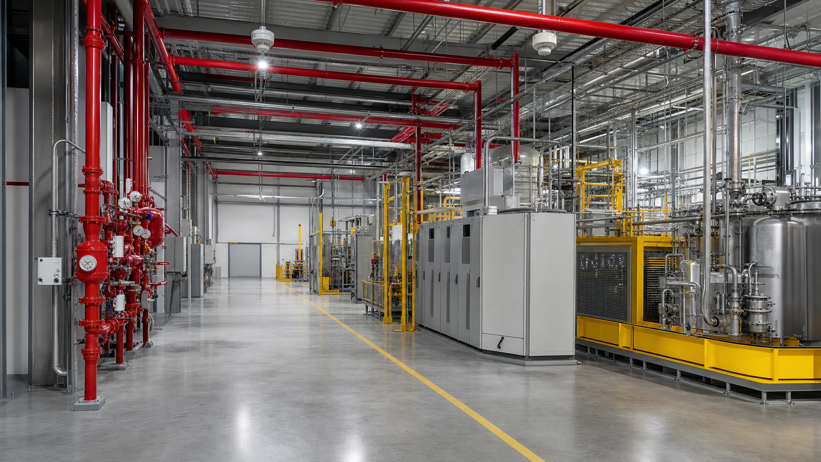 Fire protection engineering in an industrial processing facility with overhead sprinklers, fire-water mains, detectors, protected equipment, and a clear egress aisle.