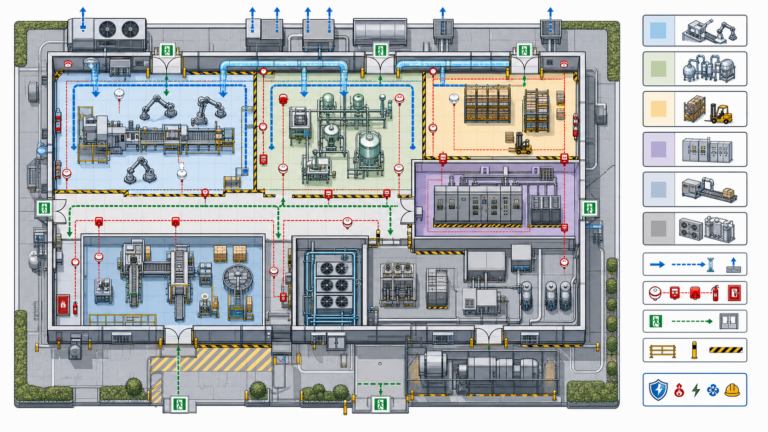 Hazardous facility codes diagram showing industrial safety zones, ventilation paths, electrical equipment, fire detection, and emergency exits.
