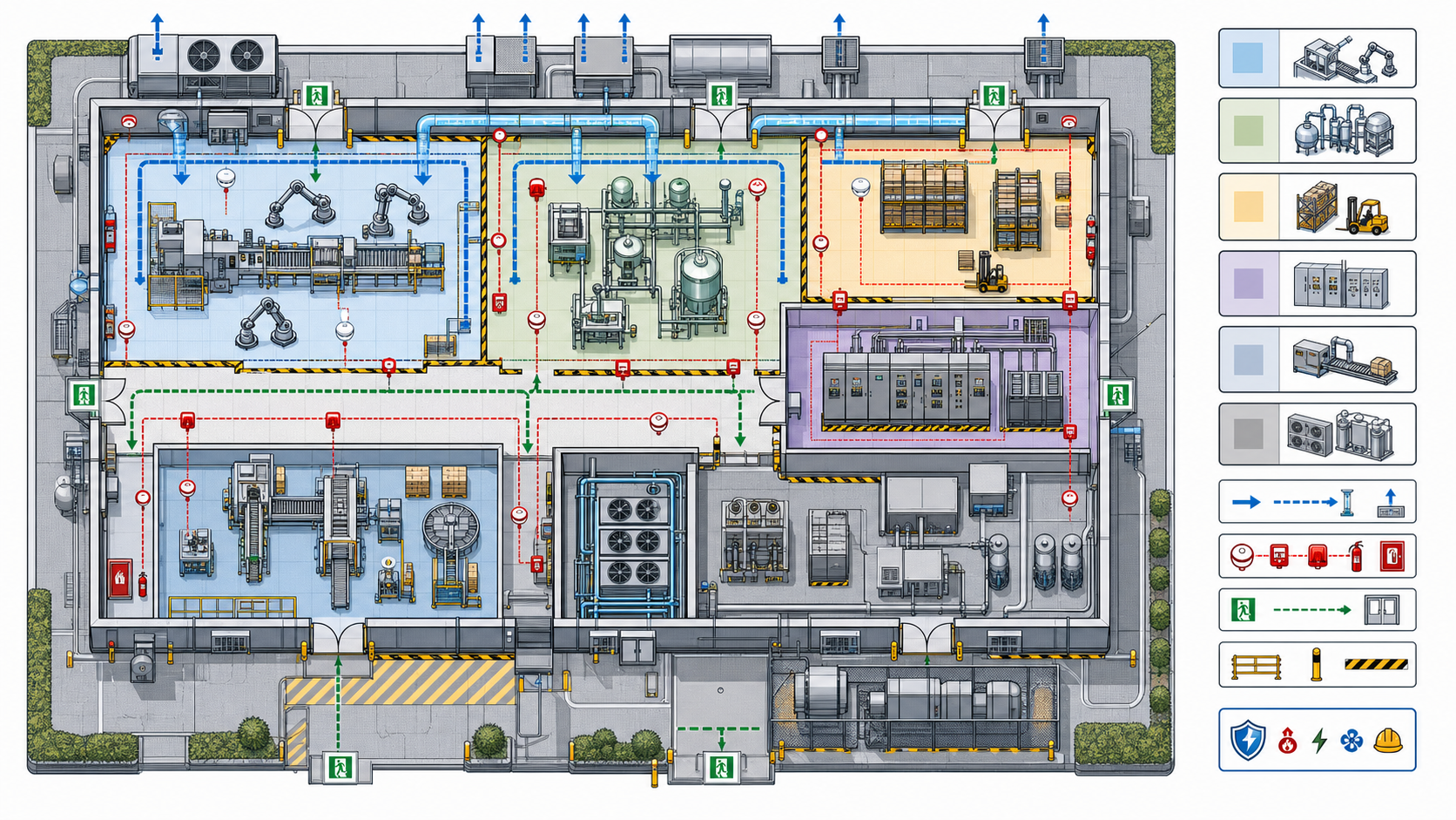 Hazardous facility codes diagram showing industrial safety zones, ventilation paths, electrical equipment, fire detection, and emergency exits.