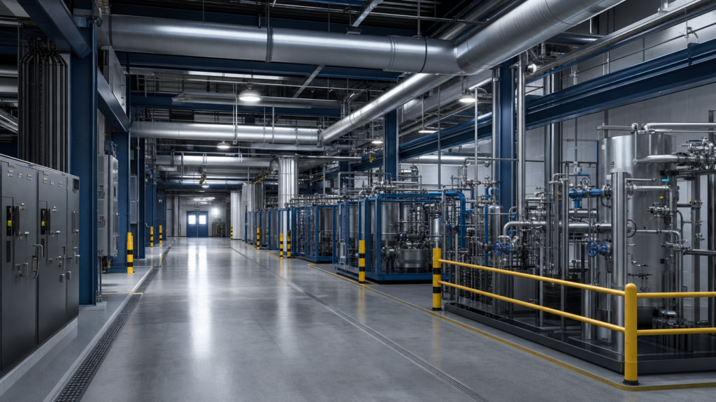 MEP engineering in a modern hazardous-location manufacturing facility with coordinated ventilation ducts, electrical cabinets, process piping, and service access.
