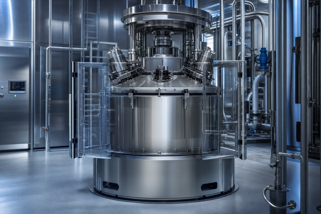 Planetary centrifuge in a stainless-steel industrial processing facility with guarded equipment, coordinated piping, and clean utility access.