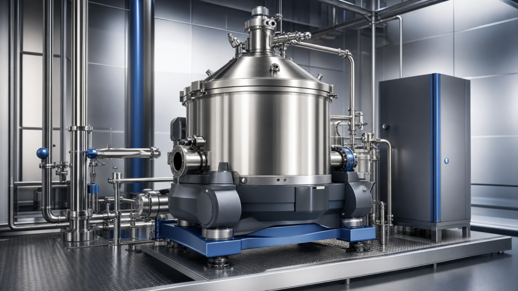 Planetary centrifuge in a stainless-steel industrial processing suite with a sealed vessel, sanitary piping, and control cabinet.
