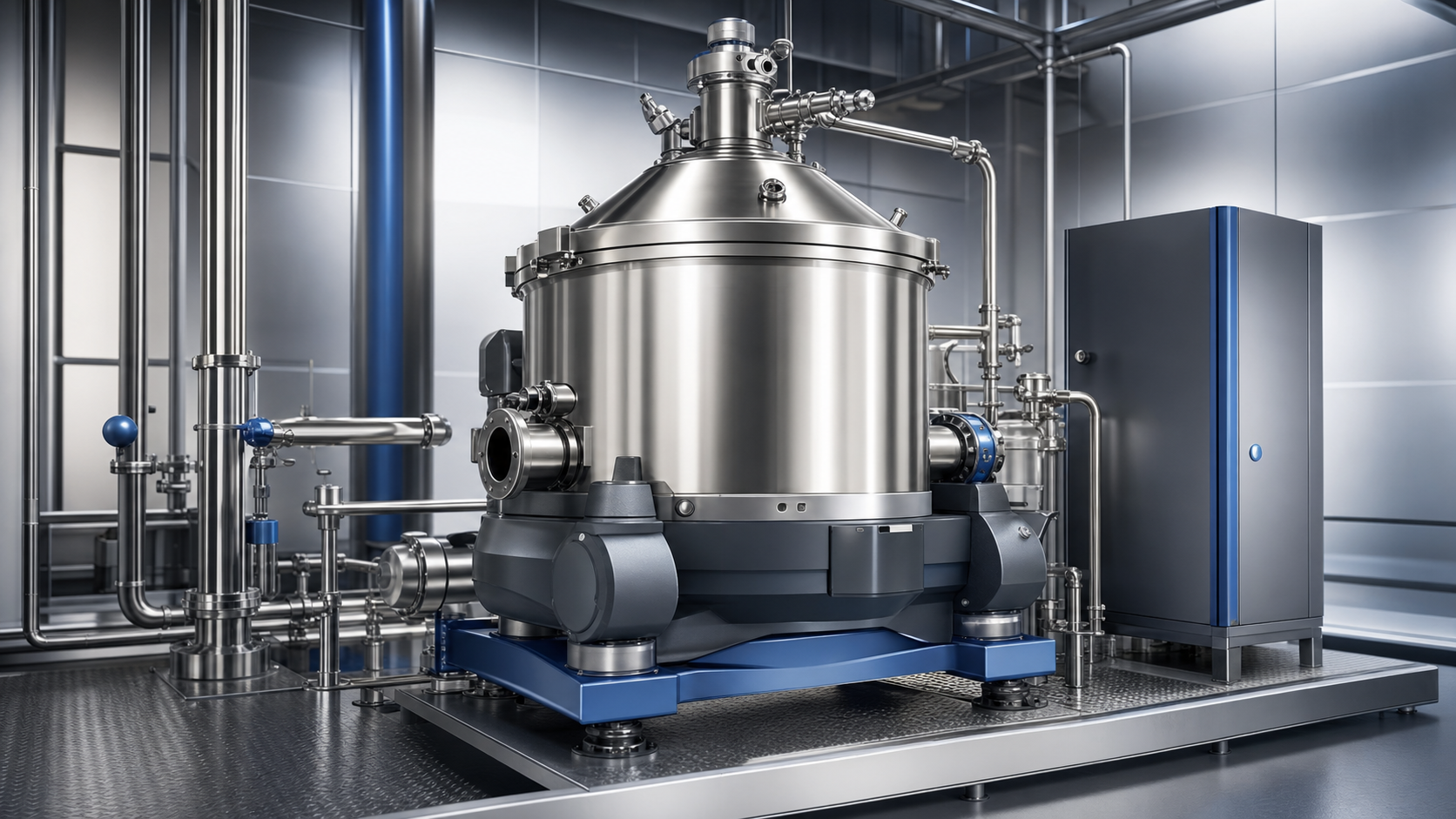 Planetary centrifuge in a stainless-steel industrial processing suite with a sealed vessel, sanitary piping, and control cabinet.