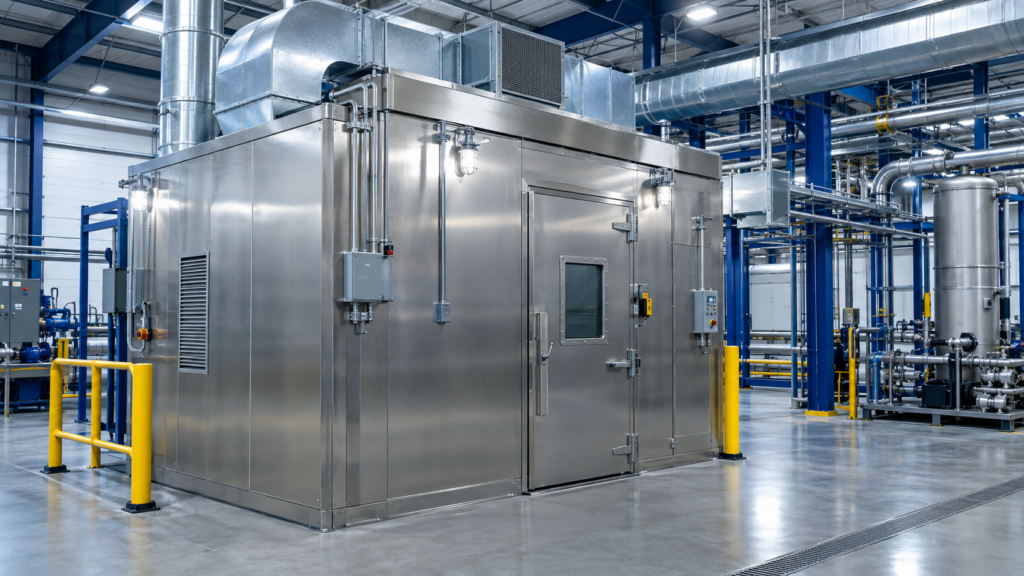 C1D1 booths for industrial processing with stainless steel panels, explosion-proof lighting, and monitored ventilation in a modern facility.