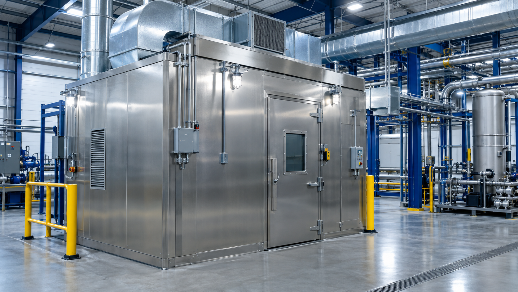 C1D1 booths for industrial processing with stainless steel panels, explosion-proof lighting, and monitored ventilation in a modern facility.