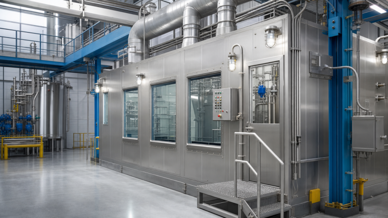 C1D1 booths in a modern industrial processing facility with sealed windows, explosion-proof lighting, and ventilation ductwork.