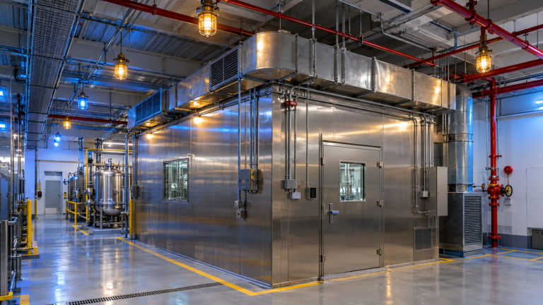 Class 1 Division 1 processing room interior showing explosion-proof lighting, ventilation ducts, and fire protection systems.