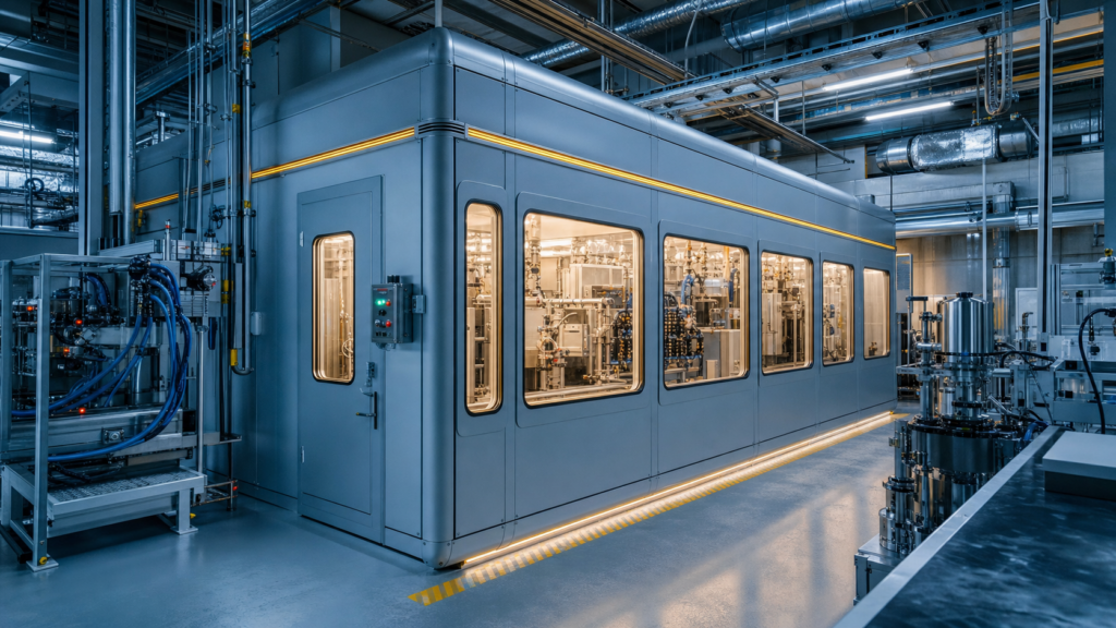 modular high hazard rooms supporting battery manufacturing and superconductor fabrication in a clean industrial facility.
