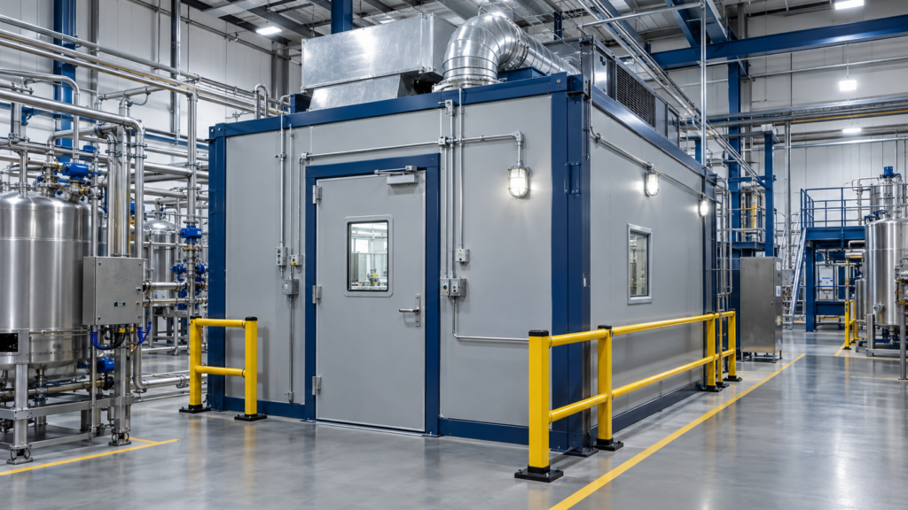 C1D1 booths show a modular industrial processing enclosure with ventilation and hazardous-location electrical features.