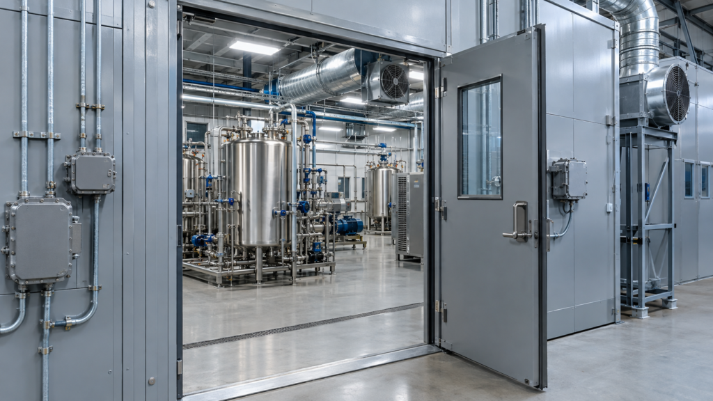 Class 1 Division 1 processing room with coordinated industrial electrical and ventilation systems