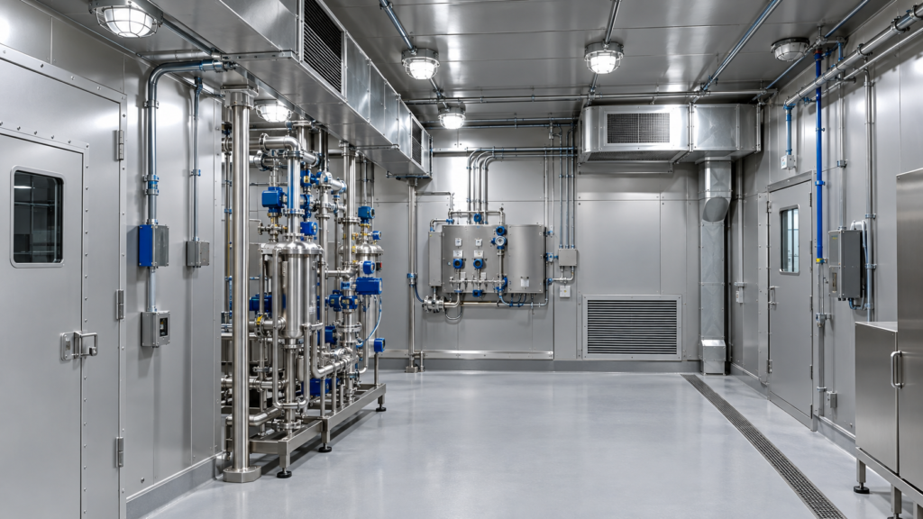 Class 1 Division 1 processing room with engineered ventilation, approved electrical equipment, and industrial process systems