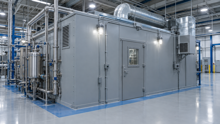 Class 1 Division 1 processing room with a modular enclosure, protected electrical fixtures, and process ventilation.